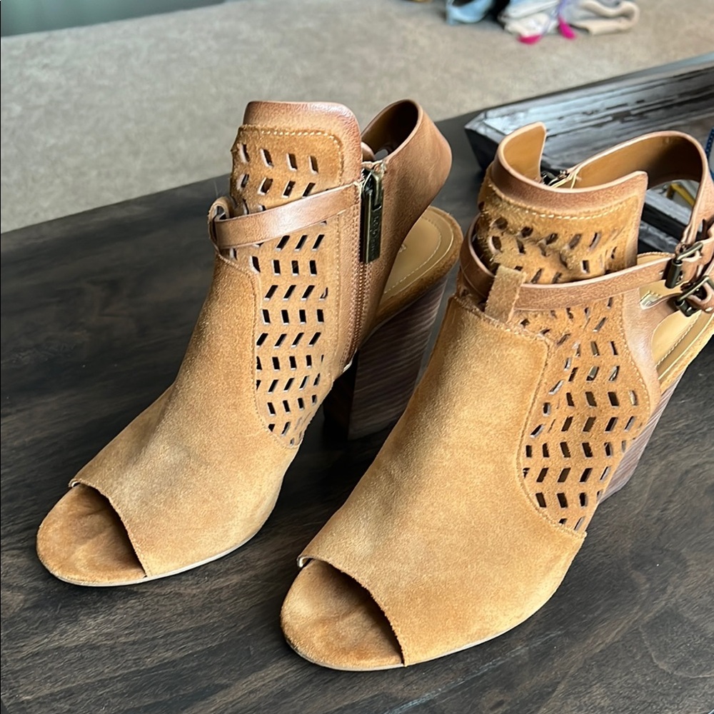 BCBG Brown Peep-Toe Ankle Boots
